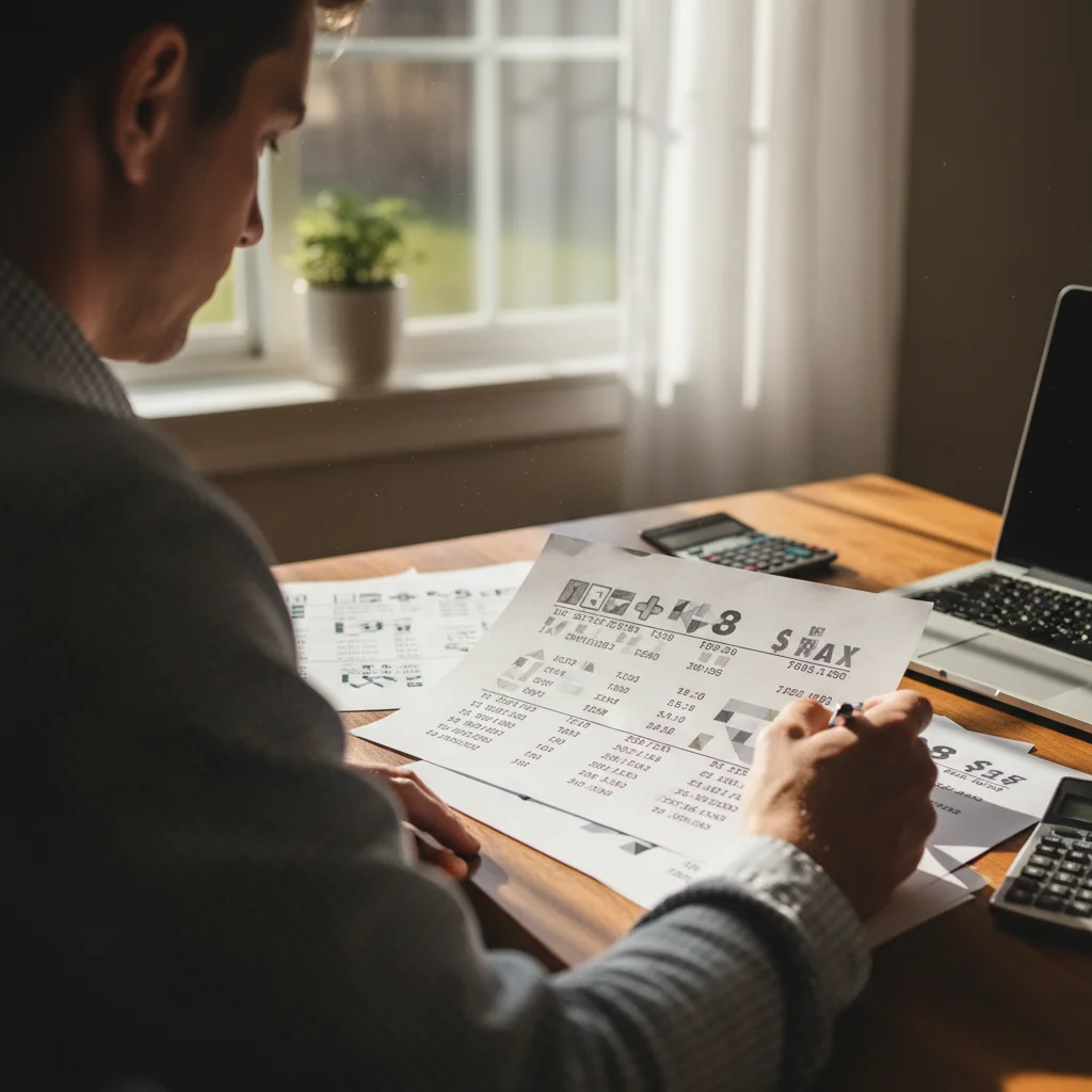 Homeowner comparing plumber quotes on a desk with cost breakdowns visible.
