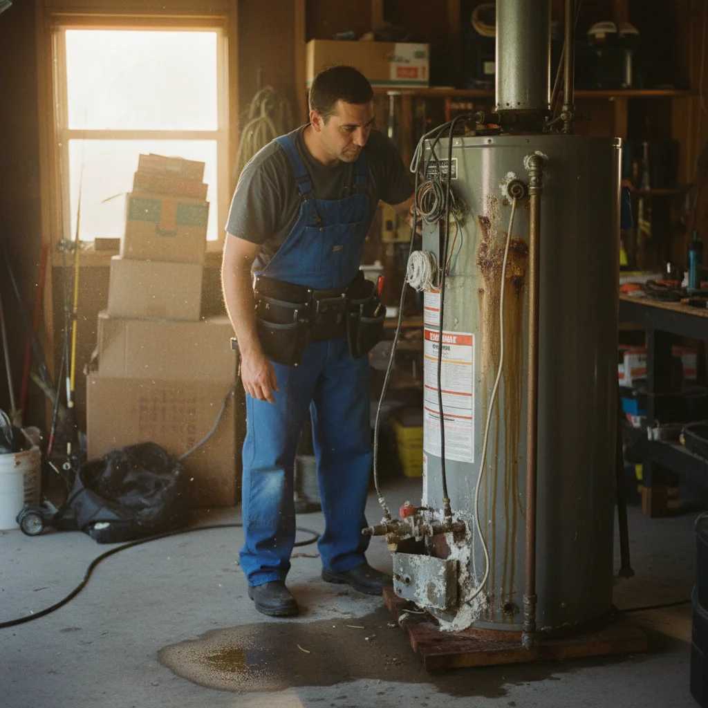 Plumber inspecting corroded water heater in Florida home.