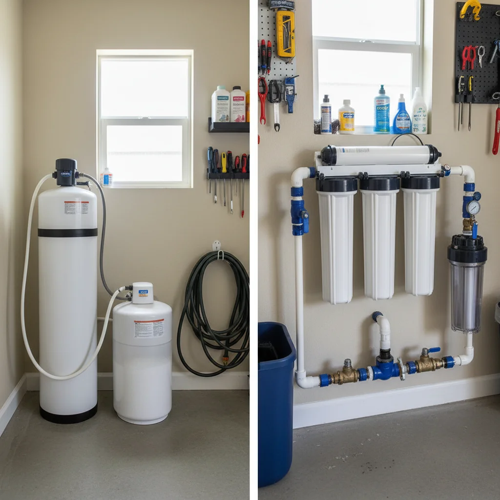 Water softener and filtration system side by side in utility room highlighting water treatment Port St Lucie FL service.